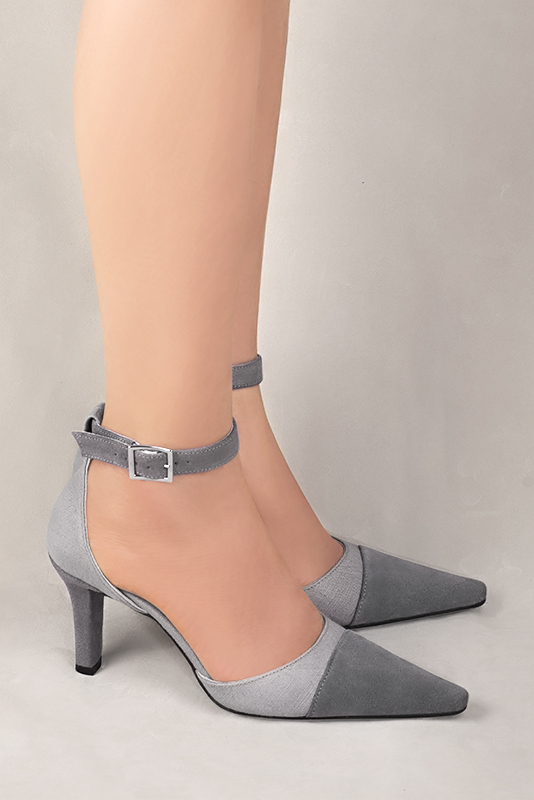 Mouse grey women's open side shoes, with a strap around the ankle. Tapered toe. High slim heel. Worn view - Florence KOOIJMAN
